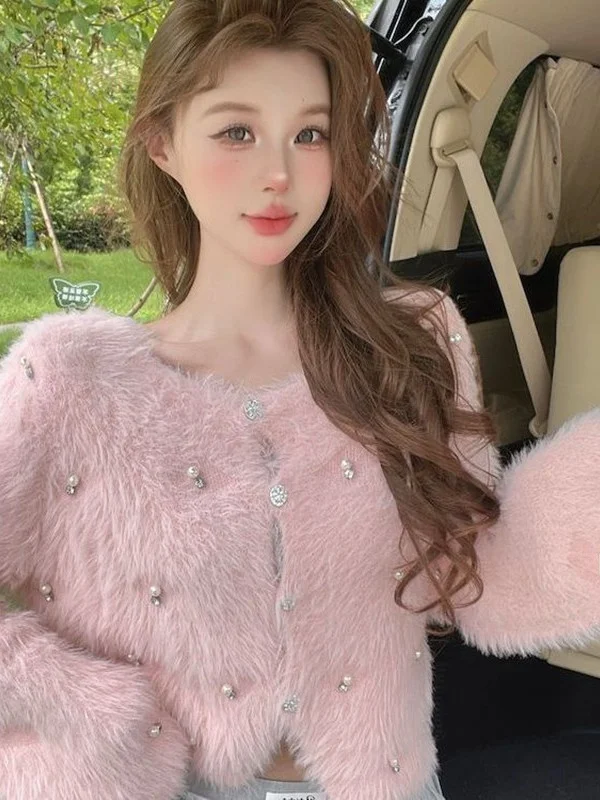 Pure Desire Style Long Sleeve Knitted Sweater Mink Velvet Short Coat Women's Autumn Winter New Heavy Bead Embellishment Top