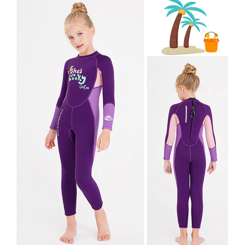 Kids Girls 2.5mm Neoprene Full Body Wetsuit Keep Warm Long Sleeve Swimsuit for Swimming Surfing Snorkeling Diving Water Sports