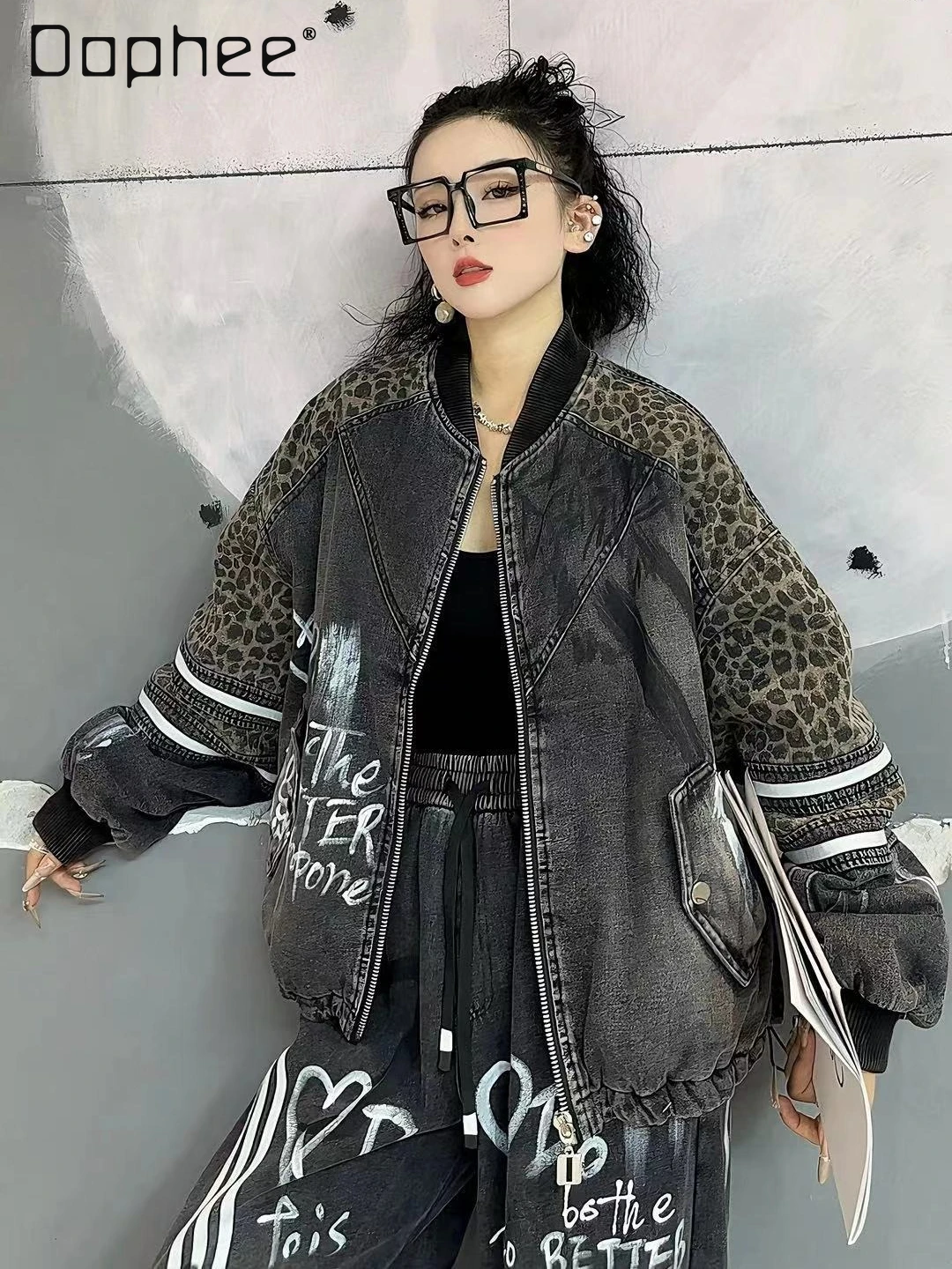 

European Denim Baseball Coat Women Heavy Industry Leopard Print Splicing Thickened Loose Casual Trendy Cotton-padded Clothes