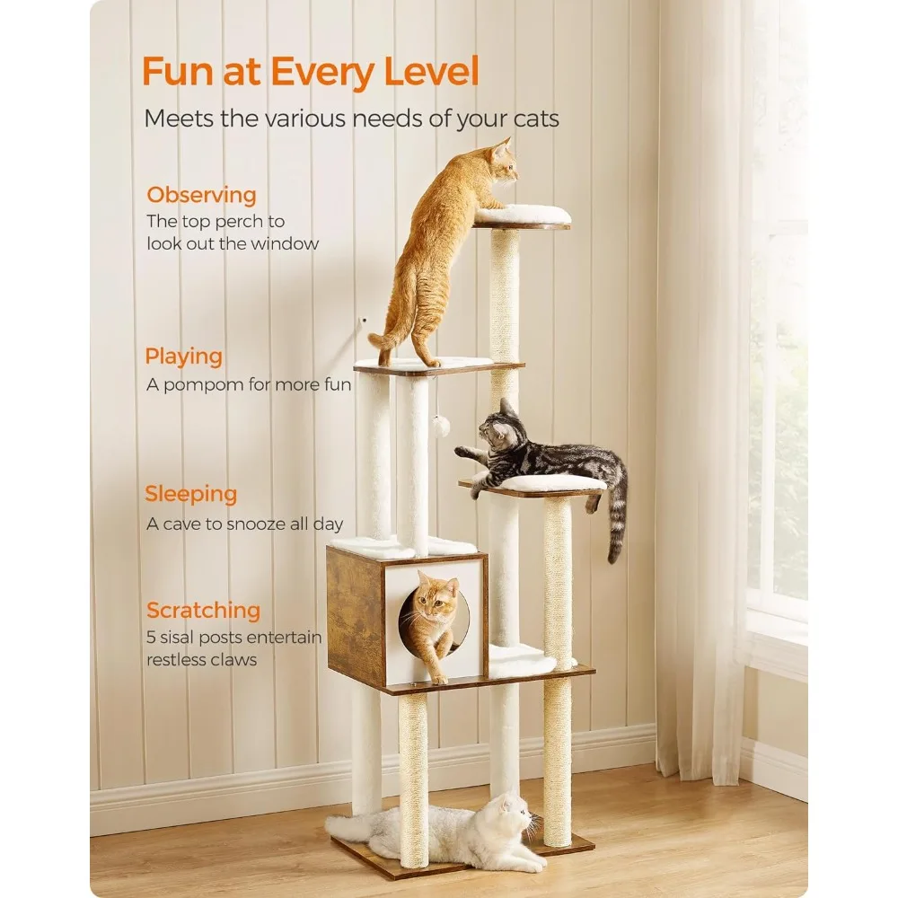 

WoodyWonders Cat Tree, 65-Inch Modern Tower for Indoor Cats, Multi-Level Condo with 5 Scratching Posts, Perch Washable Removable