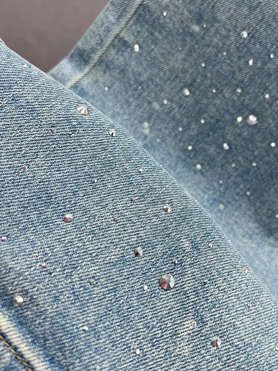 Rhinestone Pendant Design High Waist Wash Jeans Women's Summer Loose Slimming and All-Matching Straight-Leg Pants