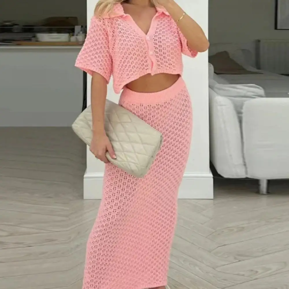 

Fashion Knit Hollow Out Top 2 Piece for Woman Half Sleeve V Neck Perspective Blouse Elegant High Waist Skirt Party Overskirt Set