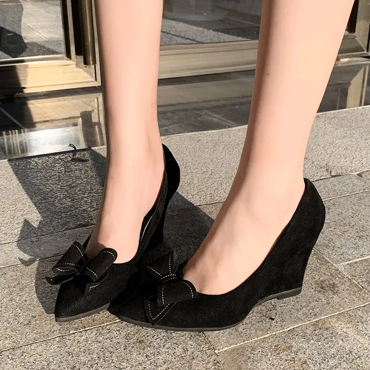 Women's Black High Heels French Elegance Versatile Bow Tie Thin Heel Professional Match Dress Shoes Winter 2024 New Style