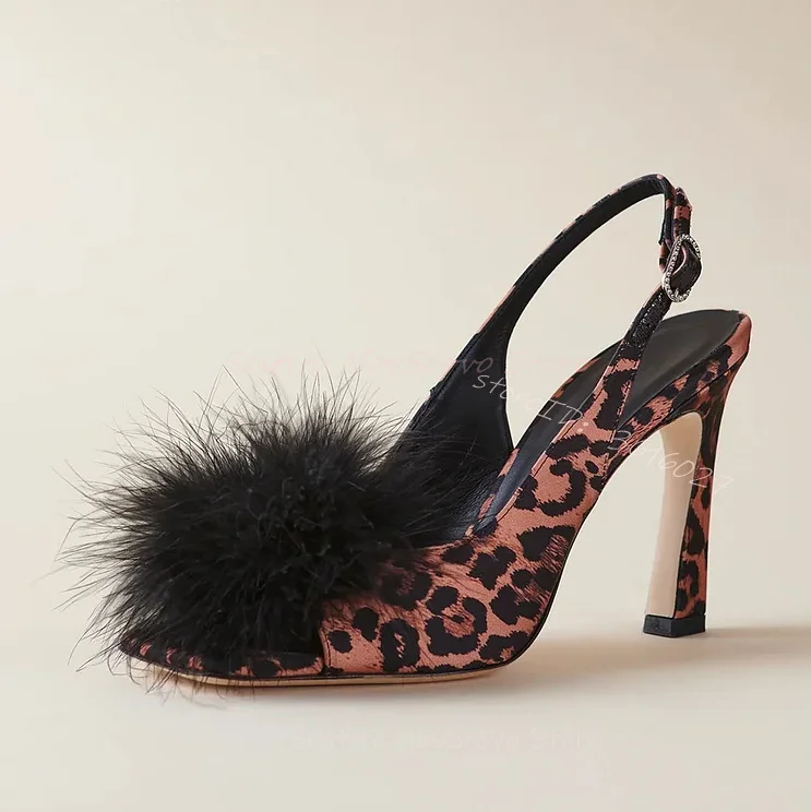 Leopard Print Square Toe Sandals Feather Ball Decor Thin Block Heeled Slingback Pumps Shallow Summer Sexy Ladies Daily Shoes