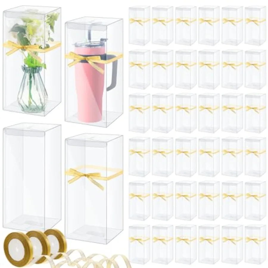 

Gift packaging boxes for sublimation tumblers: clear acrylic, white, 50 pcs, ribbon included, fits 11oz40oz mugs 12.6 x 5.5 x 4