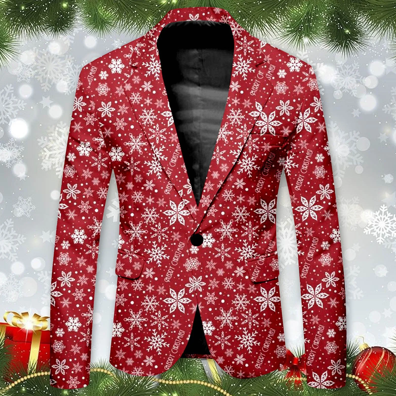 Christmas Snowflake Printed One Button Suit and Trousers Men Casual Slim Trendy Comfortable Business Two Piece Pants Suit