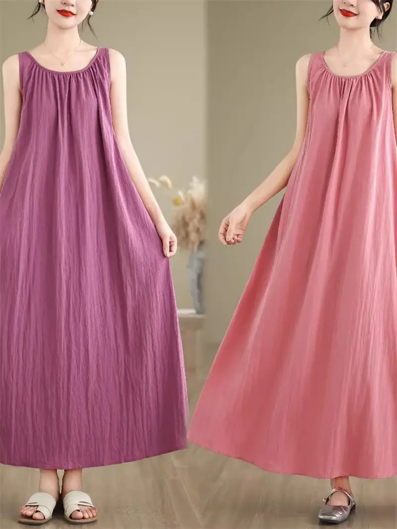 Abito con bretelle in cotone e lino artistico retrò per donna 2024 estate senza maniche grande Swing abito lungo allentato K1604