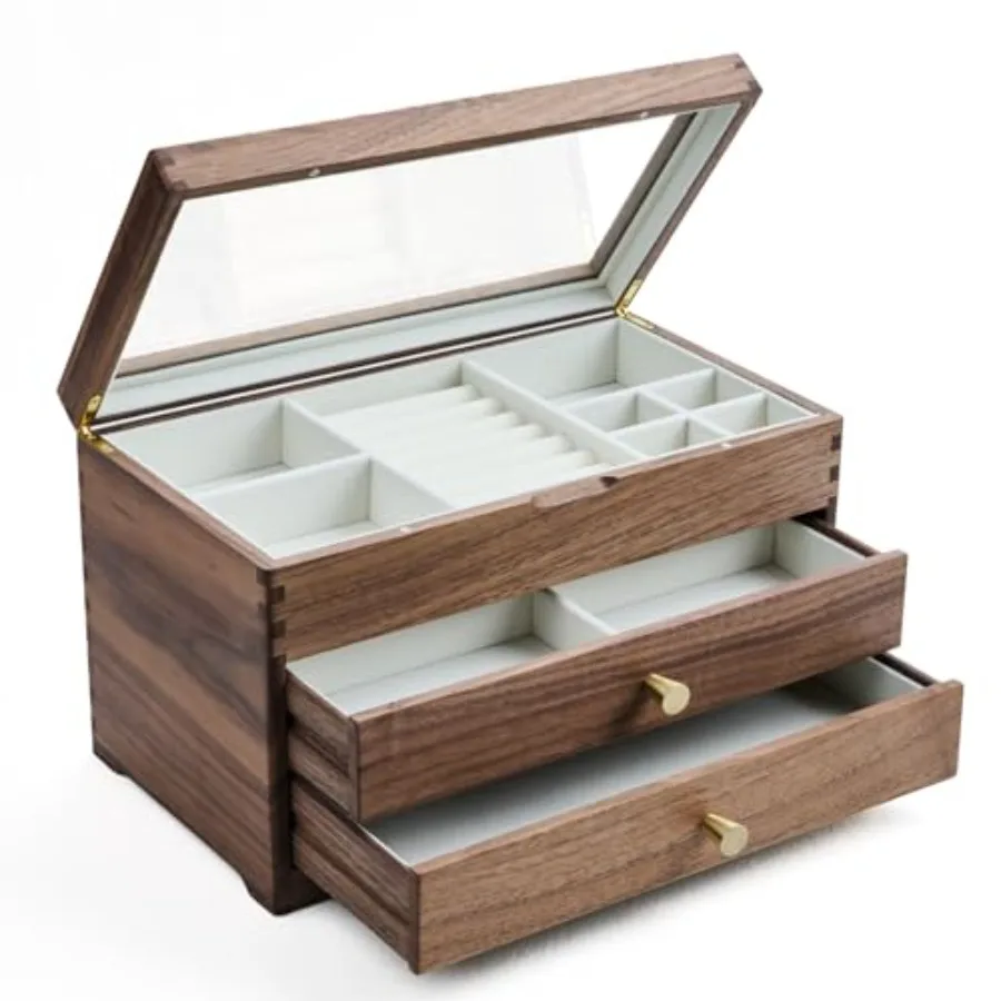 

Black Walnut Wooden Jewelry Box - Allwood Handcrafted Glass Lid 2 drawer. Gift for Women Men and Girls. large Jewelry Organizer
