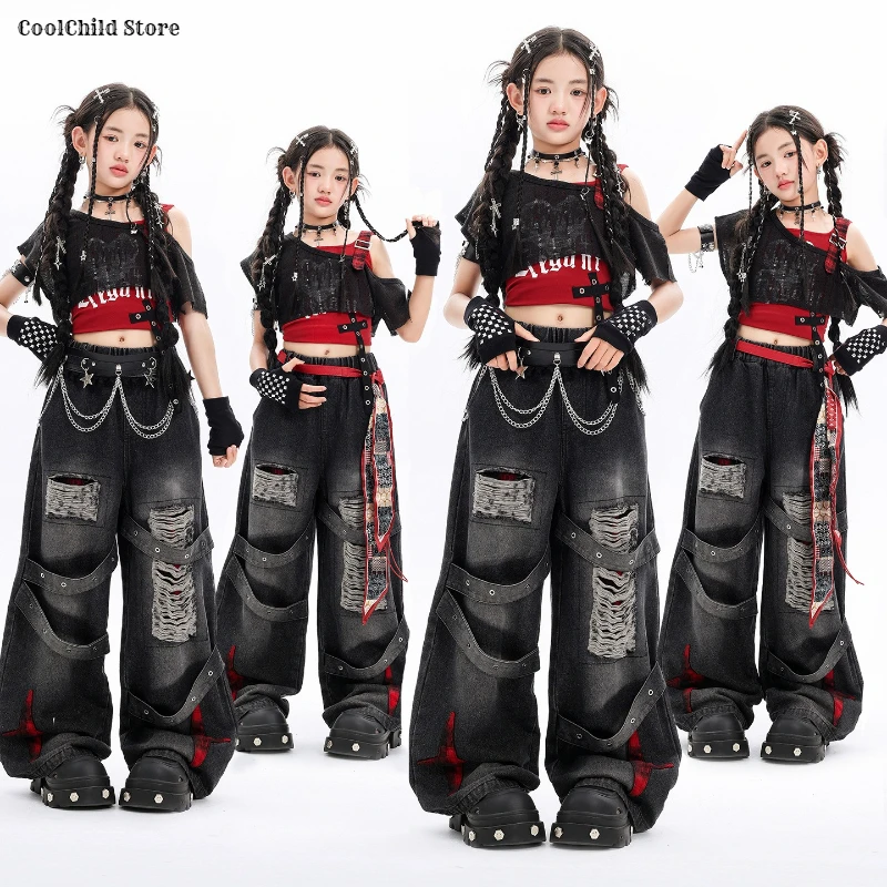 Girls K-pop Off Shoulder Crop Top Ripped Jeans Kids Hip Hop Jazz Denim Pants Clothes Sets Child Girl Group Street Dance Costumes