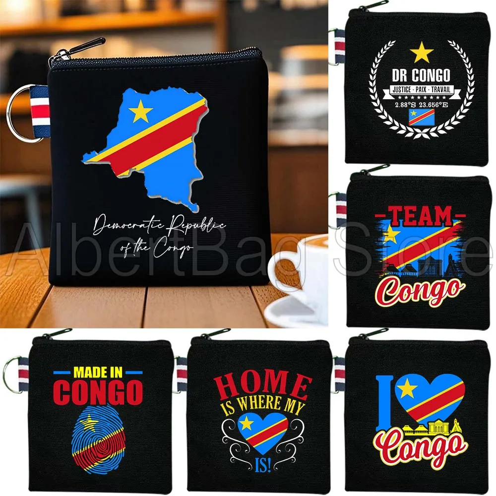 

Democratic Republic Congo Flag Map Birthday Gift Canvas Key Coin Purse Small Square Cotton Bag Storage Card Wallet Holders Pouch