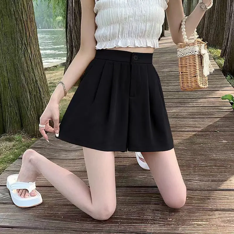 2023 Women Summer Harajuku Pleated Streetwear Elegant High Waist Suit Shorts Korean Solid Wide Leg Short Pants Pantalones Cortos