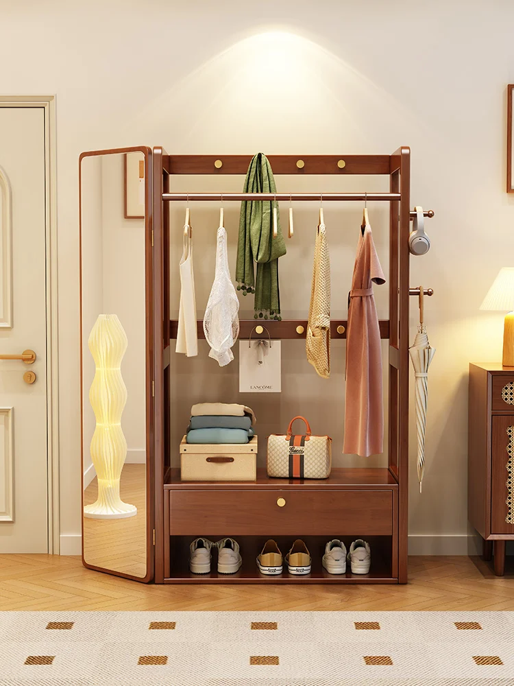 #Solid Timber Bedroom Clothes Rack With Mirror Space Saving Freestanding Wardrobe Organizer With Shelves Entryway