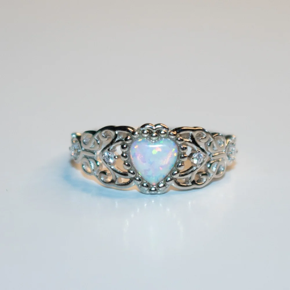 

Vintage Jewelry Dainty 925 Sterling Silver Opal Heart Rings