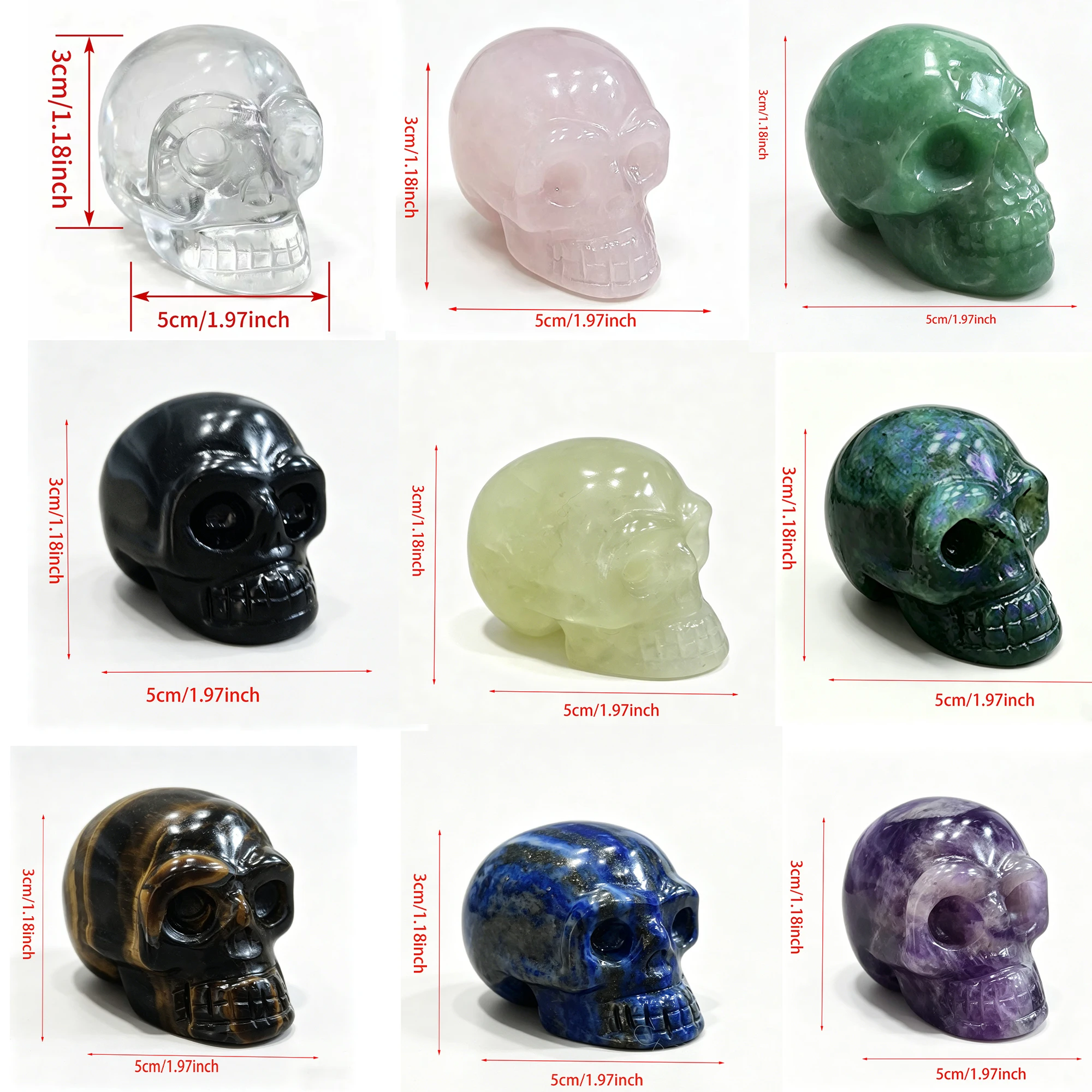 9 Colors 2 Inch Crystal Skull Head, Mini Carved Healing Crystal Figurine for Halloween Decor, Meditation & Home Office Gift
