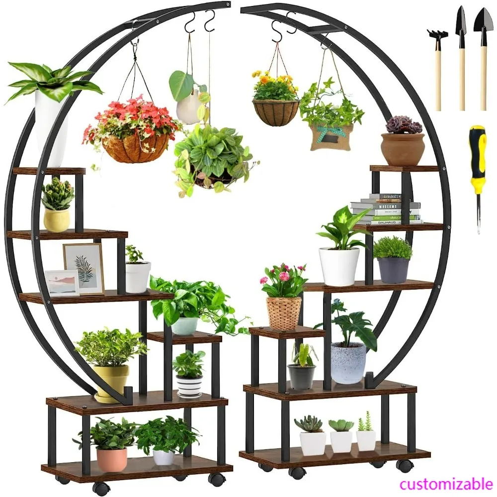 

2-Piece Tall Metal Indoor Plant Stand with 6 Tiers, Half Moon Design, Detachable Wheels, and Curved Ladder Frame
