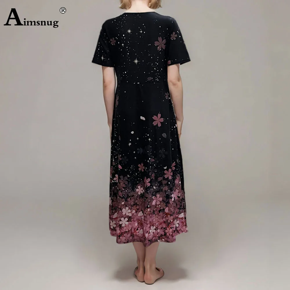 Short Sleeve Women Elegant Mid-Calf Dress Vintage 2024 Summer New Boho Flower Print Dress Plus Size Frauen A-line Party Dresses