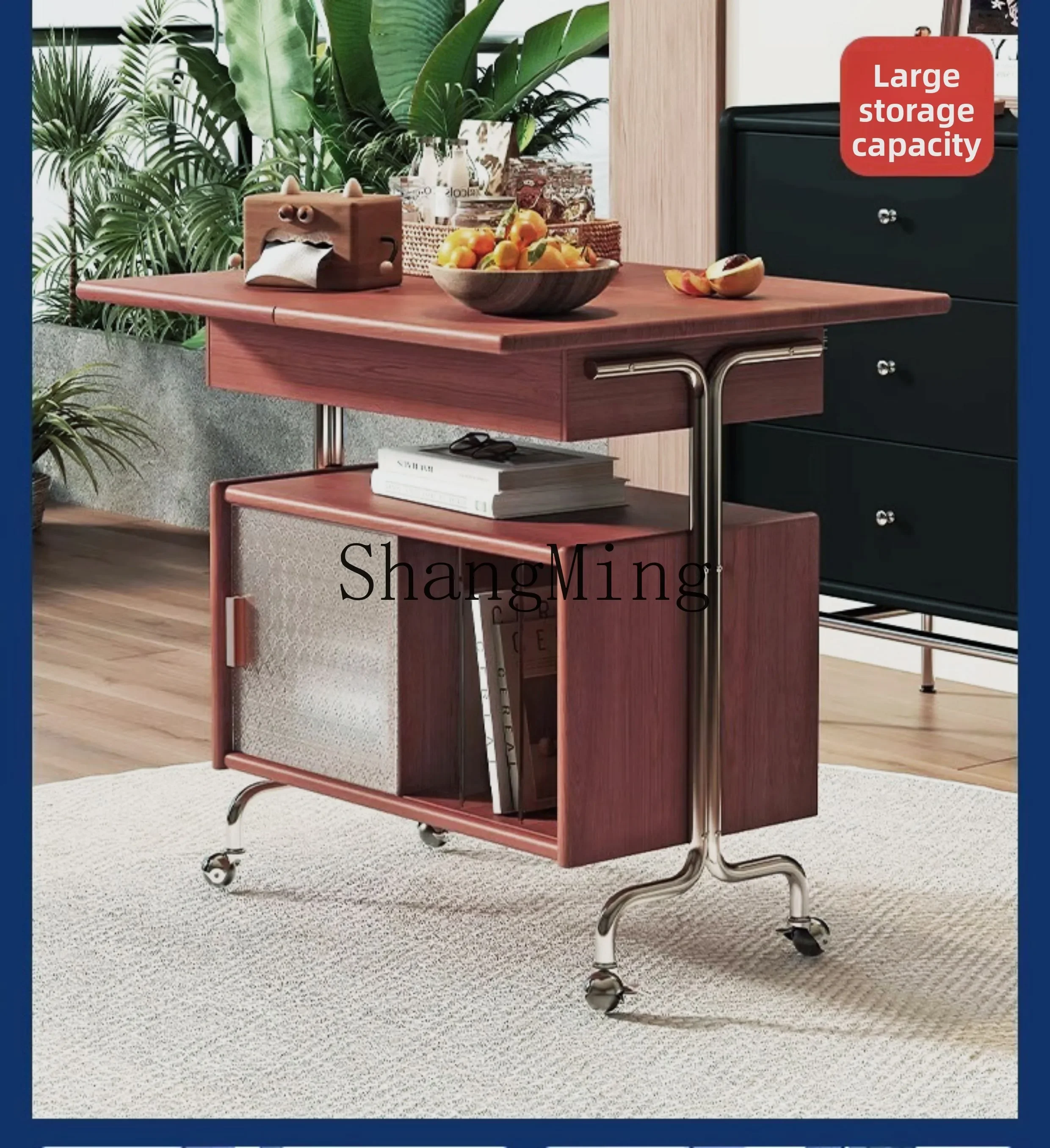 

ZYY solid wood antique movable coffee table sofa side living room rack cart