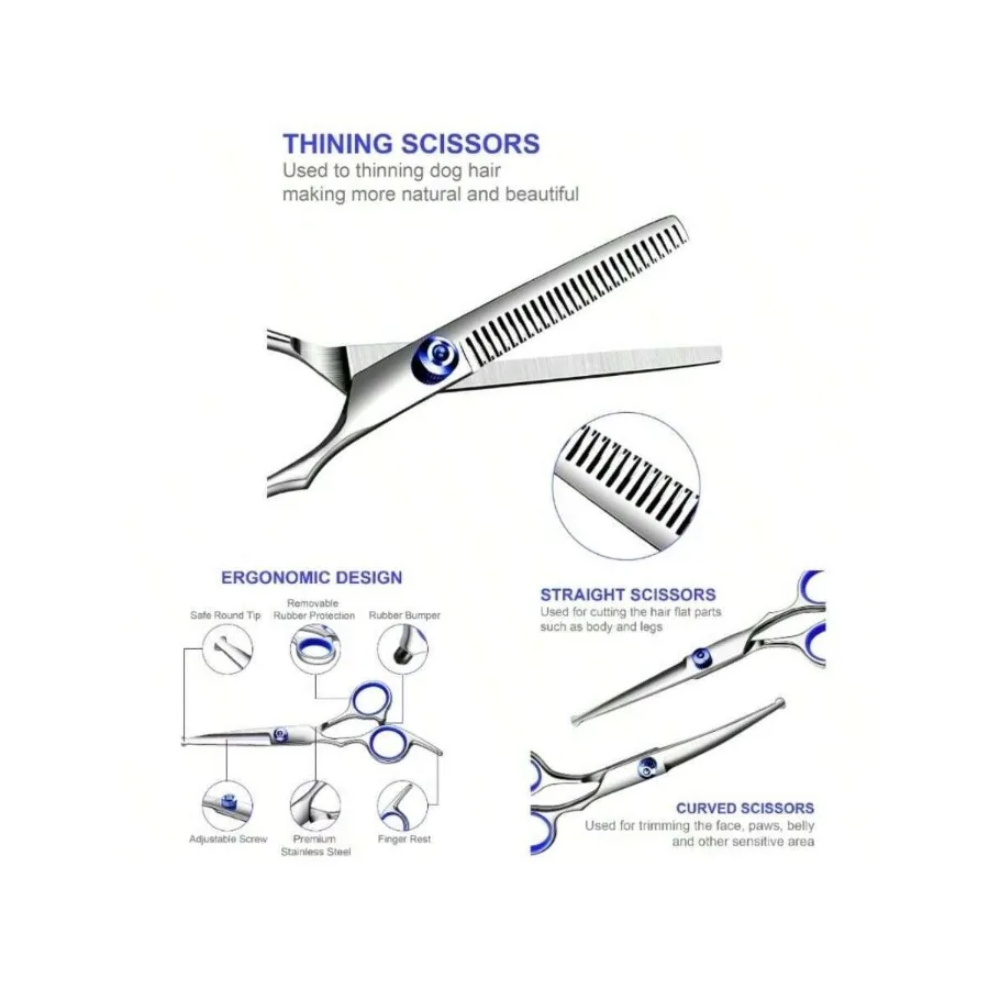 

【New Arrival】Professional Dog Grooming Scissors Set, Stainless Steel Thinning, Straight & Curved Shears for Pet Hair