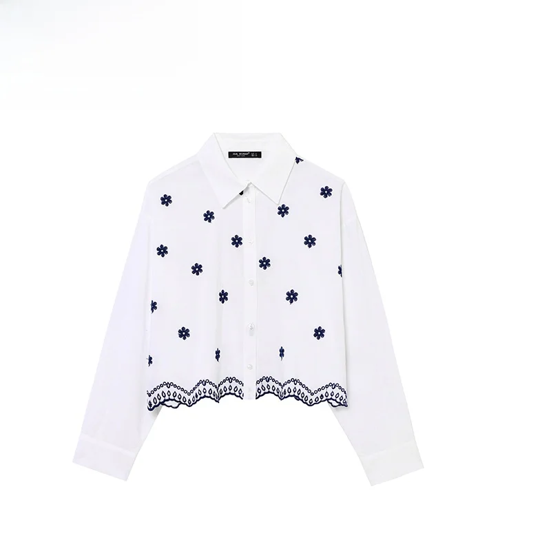 JNLEAOG 春の新作ファッショナブルな女性のシャツ刺繍花ストレートカットポリエステル長袖カジュアルコットン水玉模様