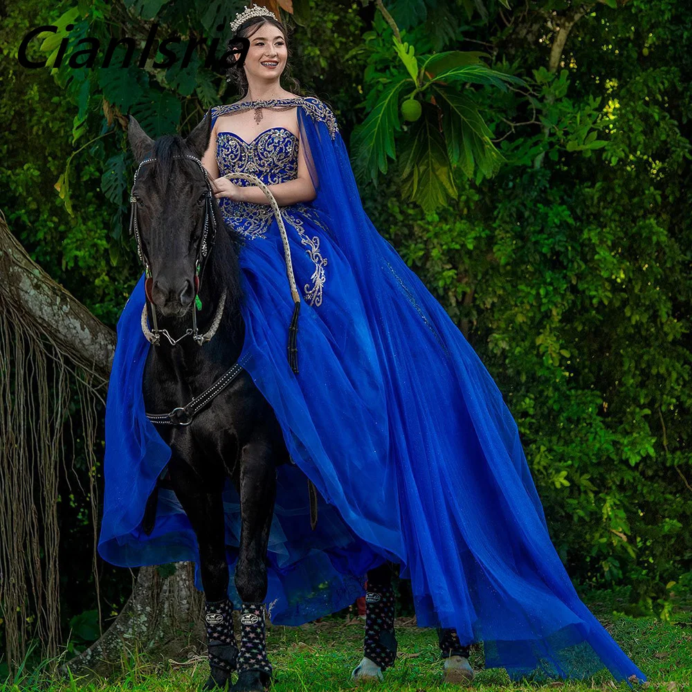 Vestido De baile De quinceañera con cuentas y lentejuelas, azul real, con capa, apliques dorados, corsé De encaje, 15 Años