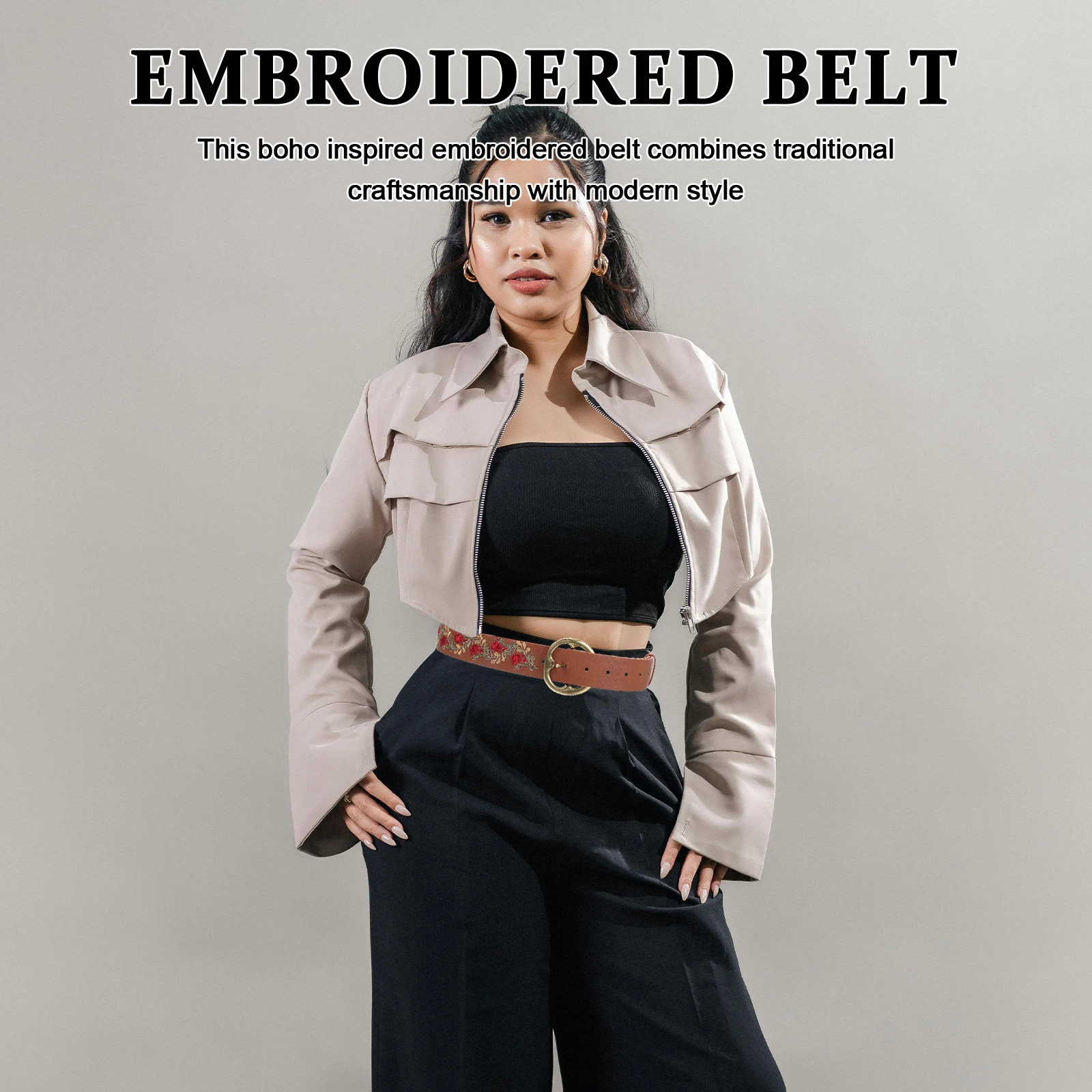 

Embroidered Belt for Women Boho Brown Buckle Dress Waist Western Handmade Floral PU Zinc Alloy Adjustable Belts Stylish Durable
