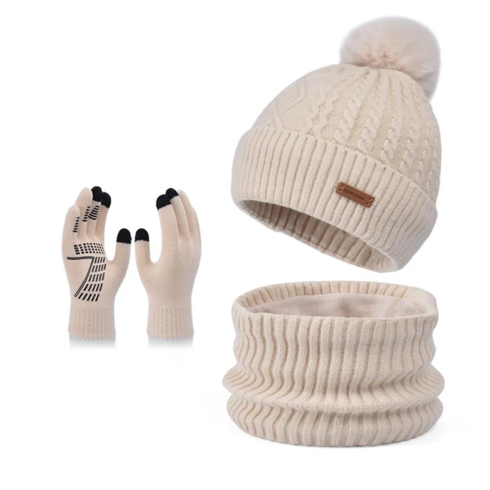 Conjunto de guantes y bufanda de Color sólido suave, gorro de punto térmico de lana cálida, Protector de cuello, gorro de invierno con forro polar para clima frío, 3 uds.