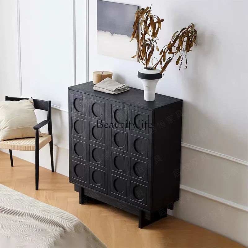 

yj32 Retro solid wood dining side cabinet wabi-sabi living room black locker