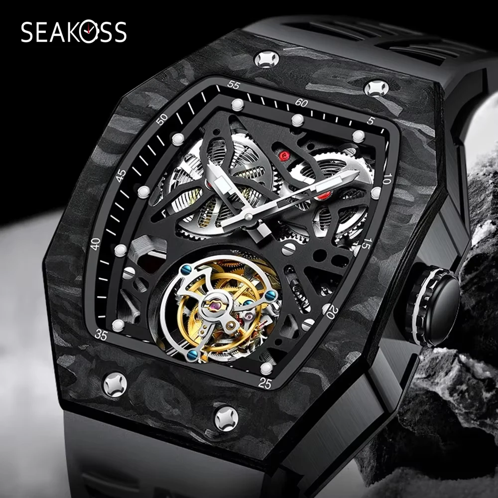 

SEAKOSS знаменитый стиль квадратные летающие часы с турбийоном из углеродного волокна безель механические мужские часы высшего качества скелетон мужские часы мужские