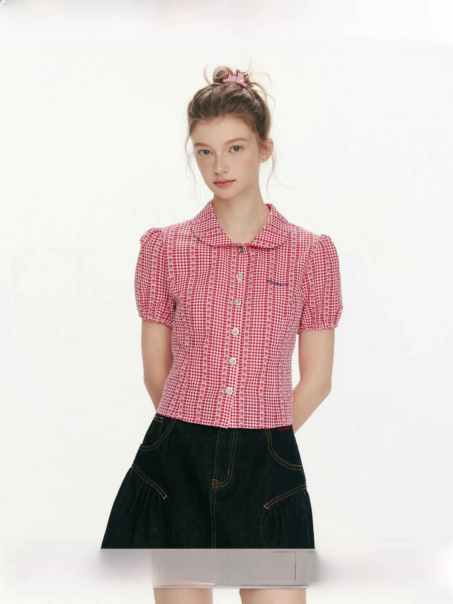 

Женская модная дышащая хлопковая повседневная рубашка WhyBerry с красным клетчатым воротником и коротким рукавом для весны и лета