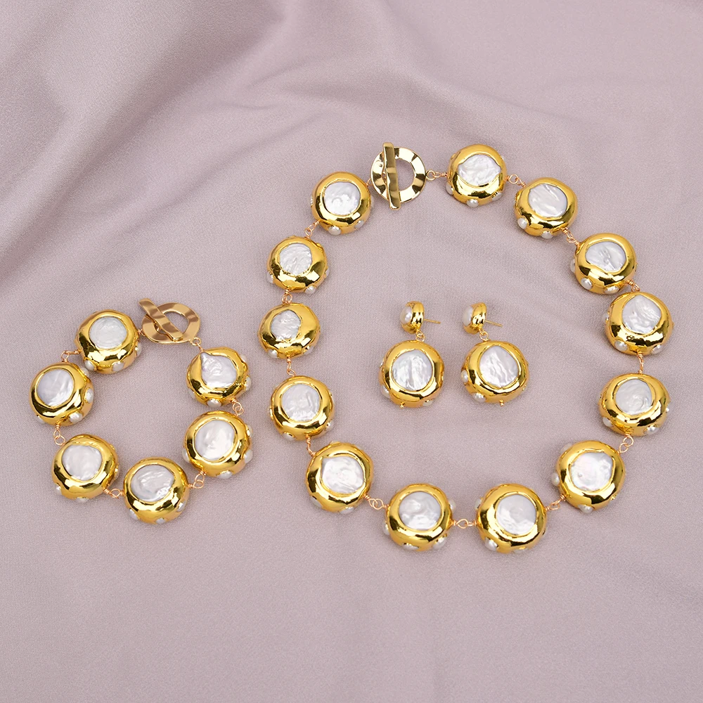 

G-G Big Cultured White Keshi Pearl Necklace Bracelet Earrings Sets Handmade Jewelry