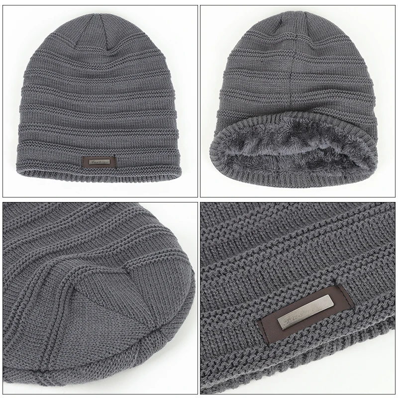 Warm Men\'s Winter Hat Polyester Fleece Lined Knitted Cap Striped Plain Beanies with Tag Fashion