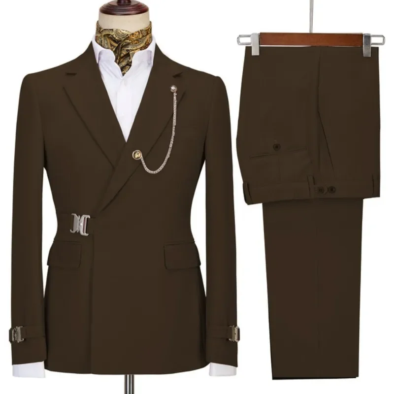 2 piece set Men\'s Suit Single-breasted Dress Formal Slim-fit Notch lapel Party Solid Color Groom Wedding Suit (Blazer + Pants)