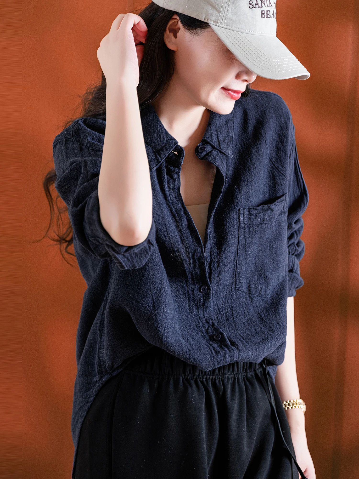 

Ele Han Han irt Women's Loose Fit Cotton Linen Blend Regular Sve Length Collared Texture Detail Thiened Autumn Wear