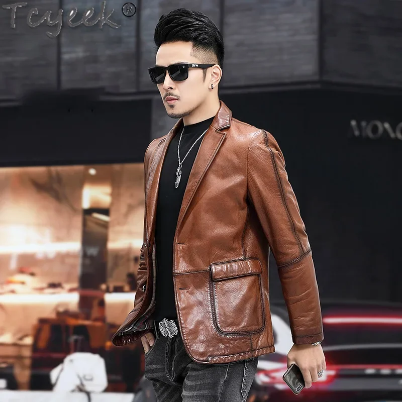 Tcyeek Genuine Leather Man Jackets Top Layer Sheepskin Leather Coat Spring Autumn Man Clothes Business Casual Suit Jacket 2024