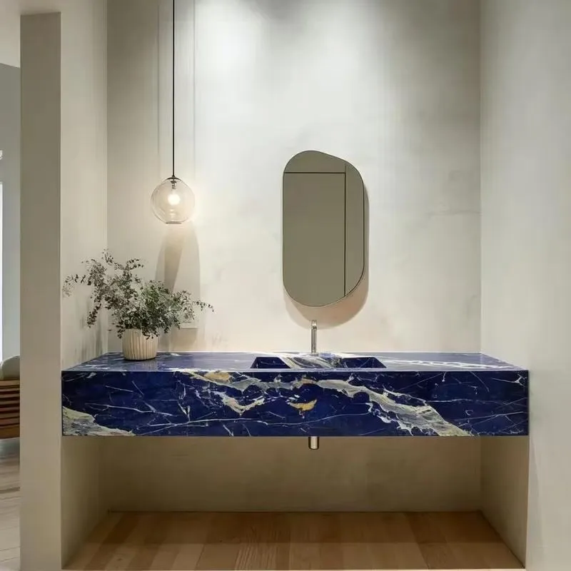 Kyanite Blue Marble Wall Mounted Washstand Natural Polished White Stone Basin for Bathroom Hotel Villa Customizable Size