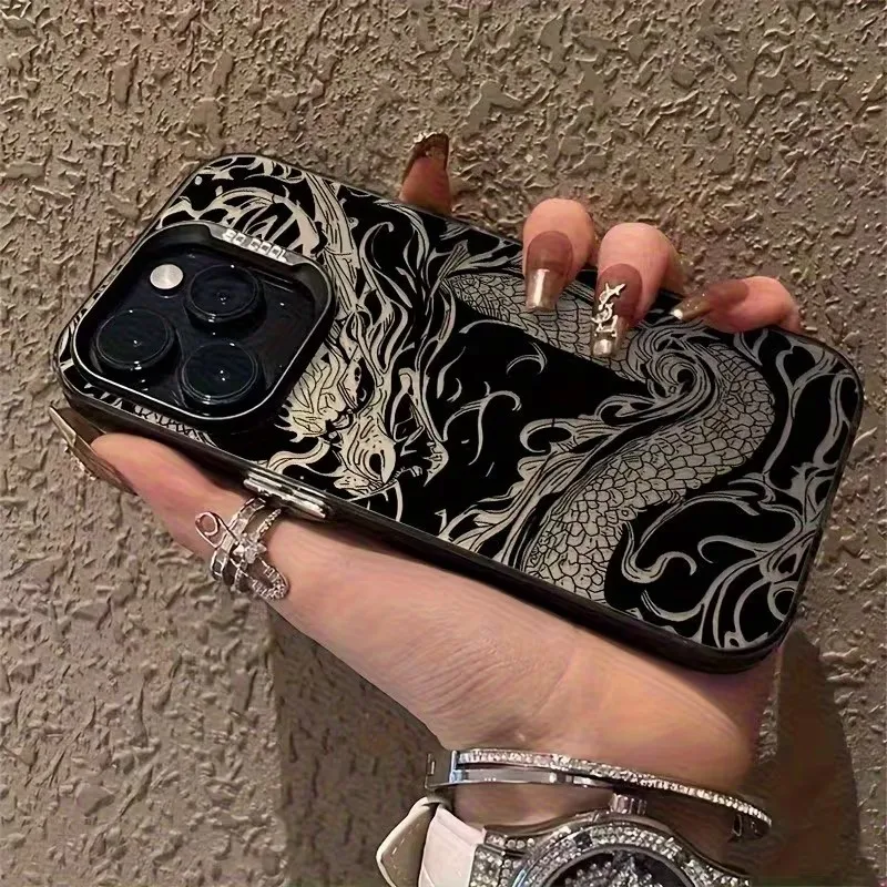 Dragon Totem Pattern Phone Case For iPhone 18 17 16 15 14 13 12 11 Pro XS Max X XR 7 8 Plus Air 17e Gradient Color Silver Cover