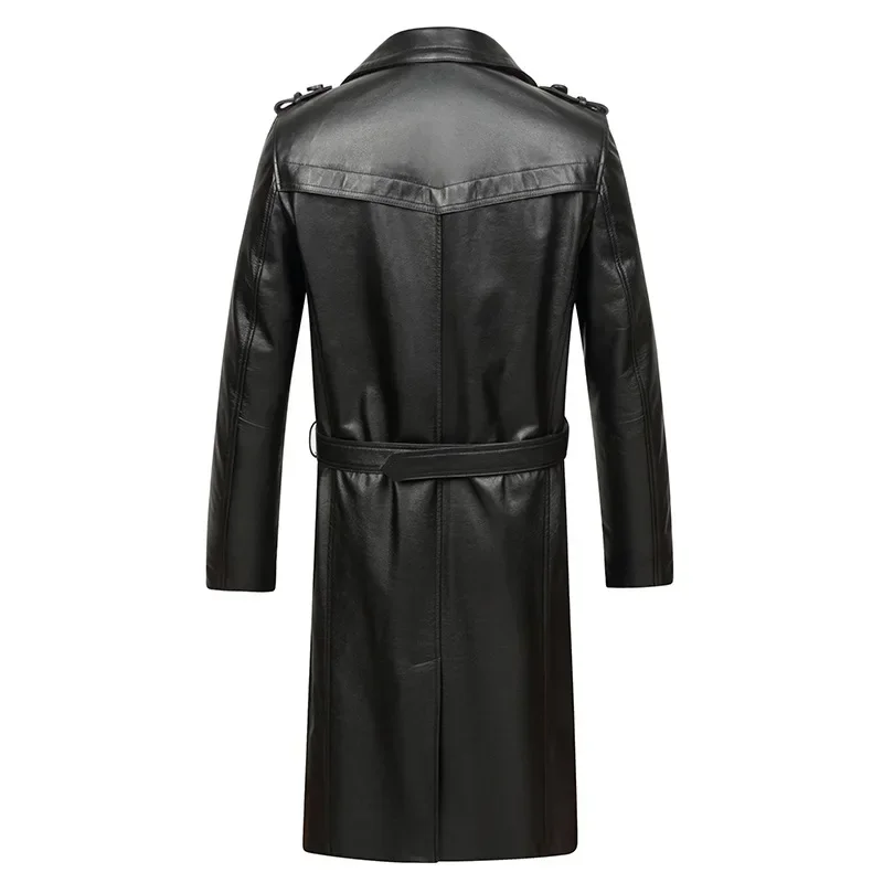 Men's Long Leather Trench, Genuine Cowhide, Youth Long Trench, Handsome,Belt, Suit Collar Jacket, Autumn And Winter, 6XL