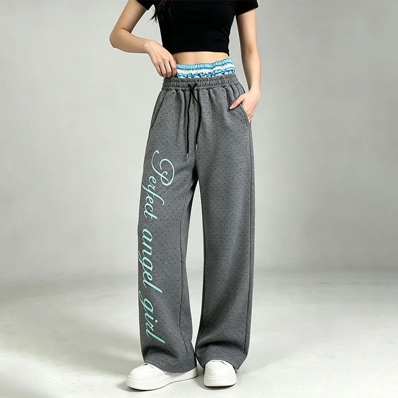 2026 Y2K Women Polka Dot Sweatpants Letter Graphic Wide Leg Trousers Elastic Drawstring Loose Casual Streetwear Pants
