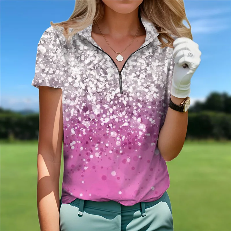 Gradient shiny crystal lapel zipper short sleeved women's POLO shirt, loose and simple 3D printing in summer WF6