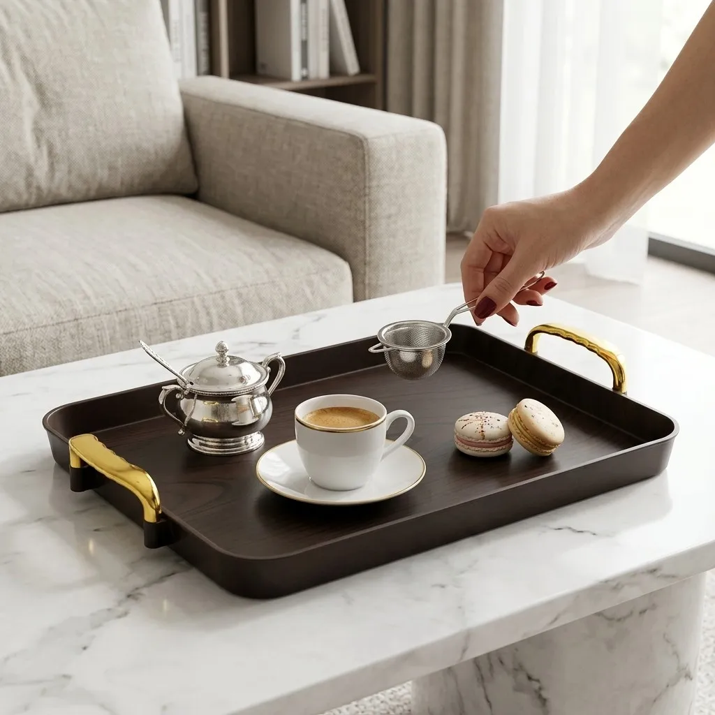 Stackable Rectangular Plastic Serving Tray with Handles Decorative Tray for Coffee Tea Breakfast Kitchen Storage Organizer