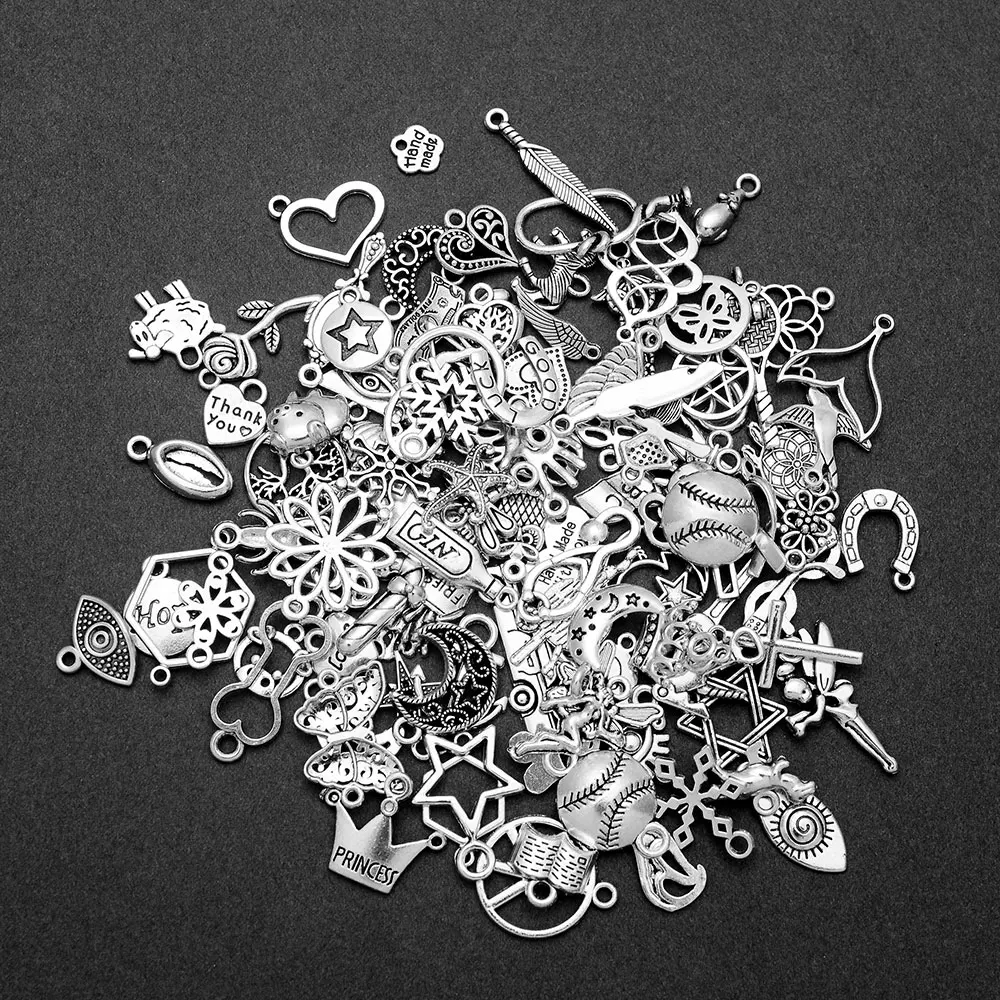 200pcs/Lots Random Mixed Bulk Vintage Silver Plated Charms Pendants For DIY Jewelry Making Findings Supplies Wholesale Crafts