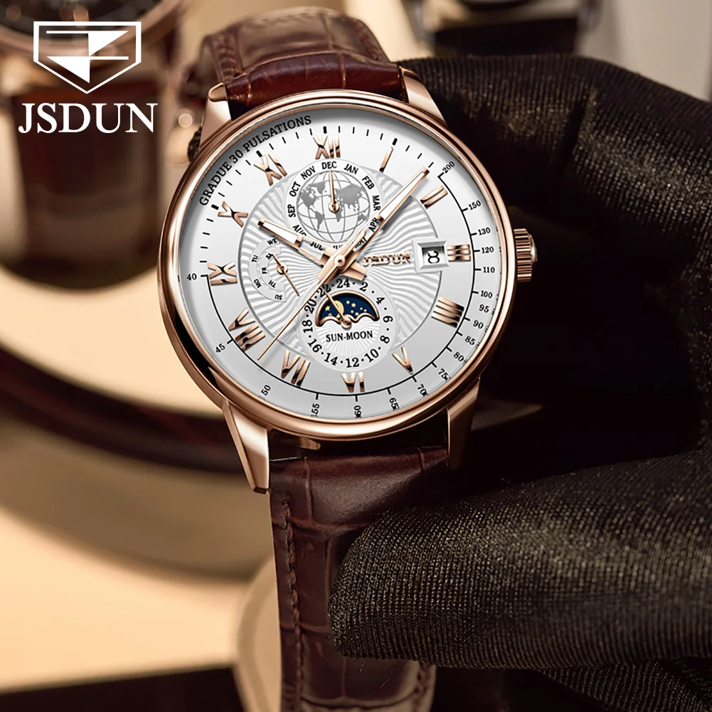 JSDUN 8909 Top Brand Mechanical Watch For Men 24 Hours Display Original Wristwatch Moon Phase Waterproof Classic Man Watches