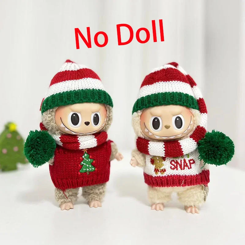 17cm Macaron Labubu The Monster V1/V2 Christmas Cartoon Cookies Sweater Hat Set Kawaii Doll Clothes Dressup Girl Surprise Gift