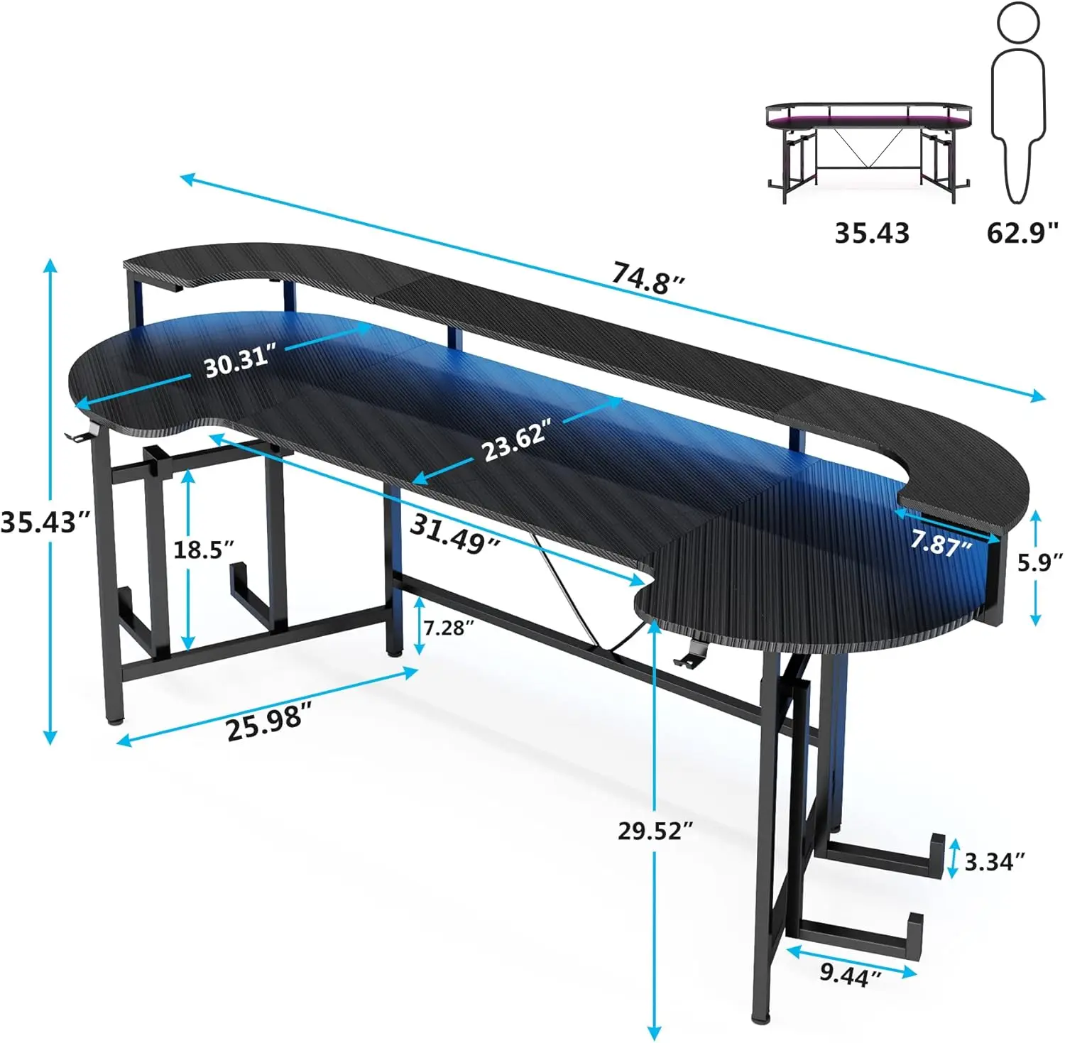 75 Inch Gaming Desk with Monitor Shelf, Large PC Computer Desk with LED Lights, Gaming Table Gamer Desk for Bedroom, Home Office