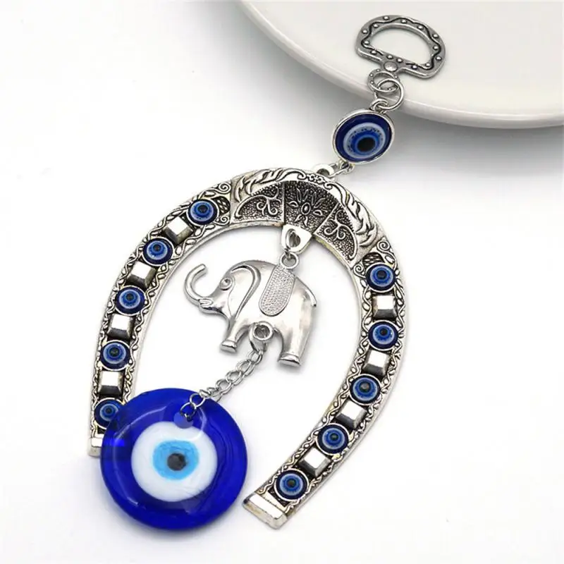 Turkish Blue Eye Horseshoe with Elephant and Ribbon Wall Hanging Amulet Ethnic Lucky Gift Pendants Home Car Hanging Decorations