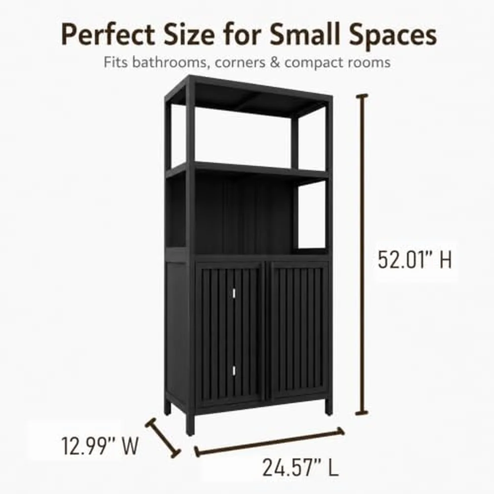 52 Inch Tall Bamboo Bathroom Storage Cabinet with Doors Black