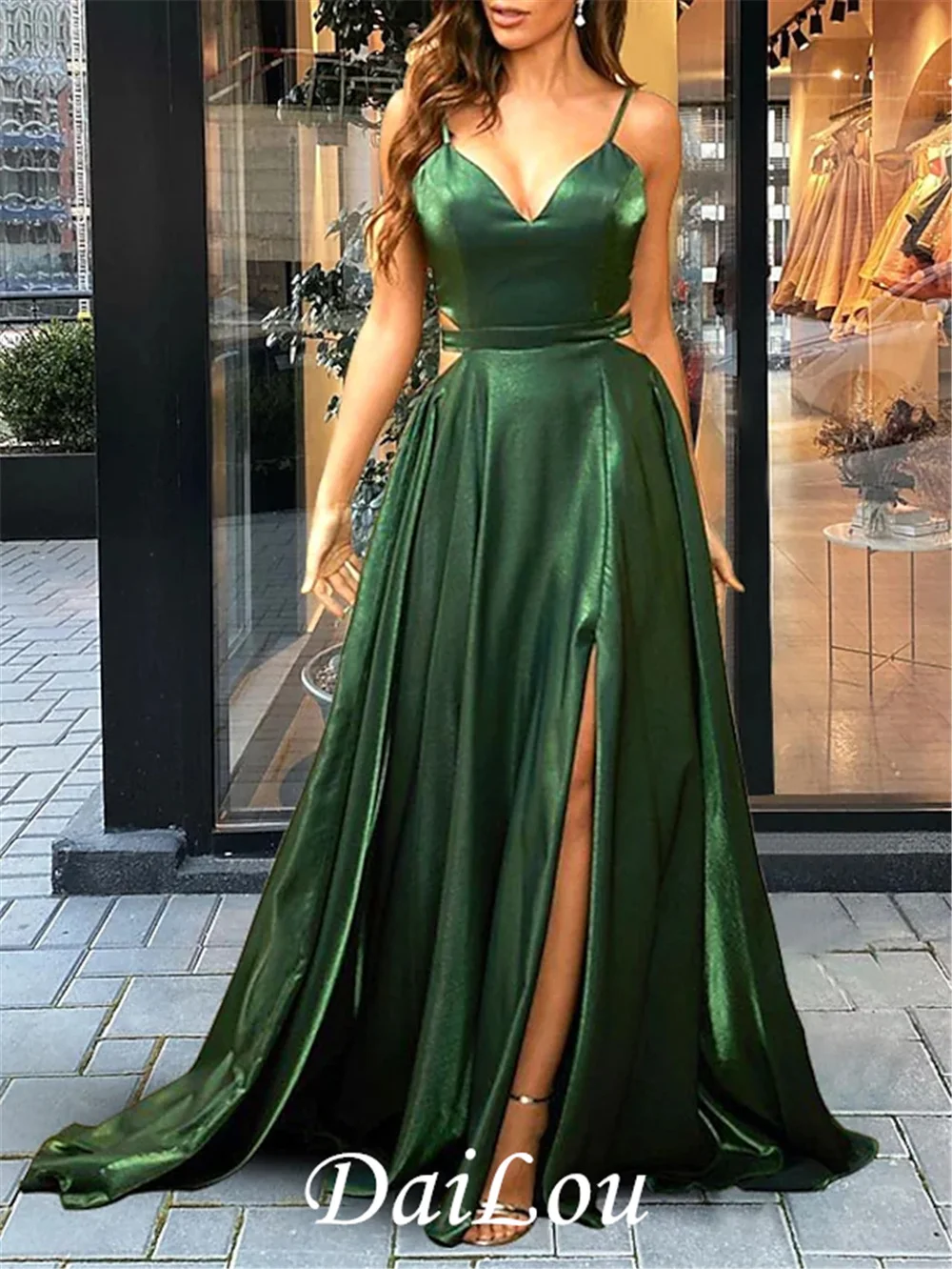 A-Line Cut Out Minimalist Prom Birthday Dress V Neck Sleeveless Floor Length Charmeuse with Slit