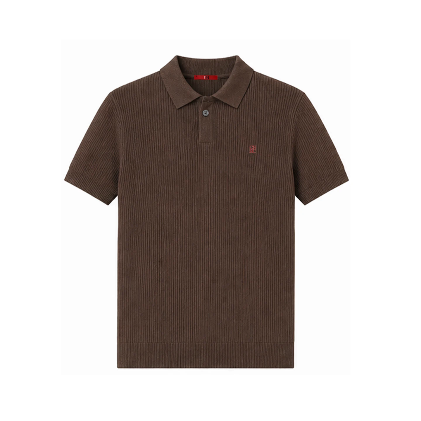CH Herren Luxus Vertikal Geripptes Strick-Poloshirt Rot Mini-Stickerei Links auf der Brust Regular Fit Urlaub Büro Smart Wear – Detail 3