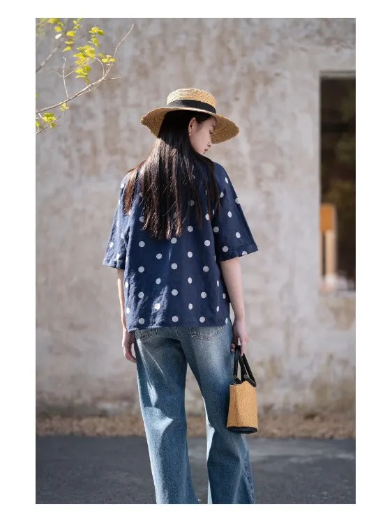 قميص نسائي صيفي غير رسمي من الكتان مقاس كبير مطرز بنقاط بولكا على الطراز الفني قميص تنحيف بأكمام خمسة للتنقل