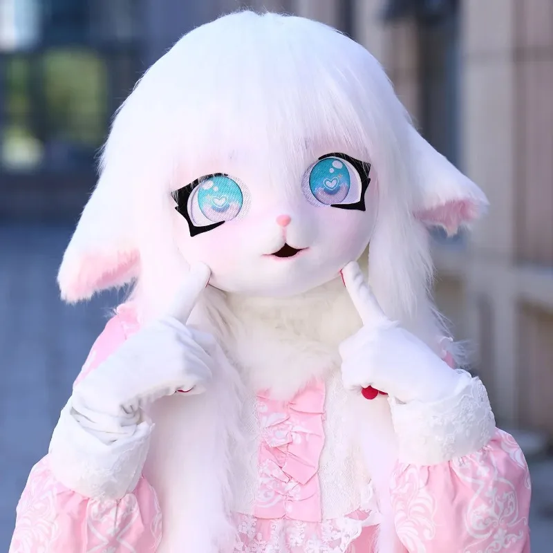 Fursuit cabeza Kigurumi Kig máscara peluda disfraz Cosplay pata cola Comiket cabeza peluda conejo muñeca Animal Cosplay disfraz chico regalo